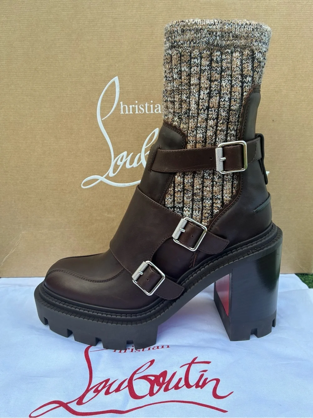CHRISTIAN LOUBOUTIN CORTINETTA COLLEGE BROWN LEATHER ANKLE BLOCK HEEL BOOT 38.5